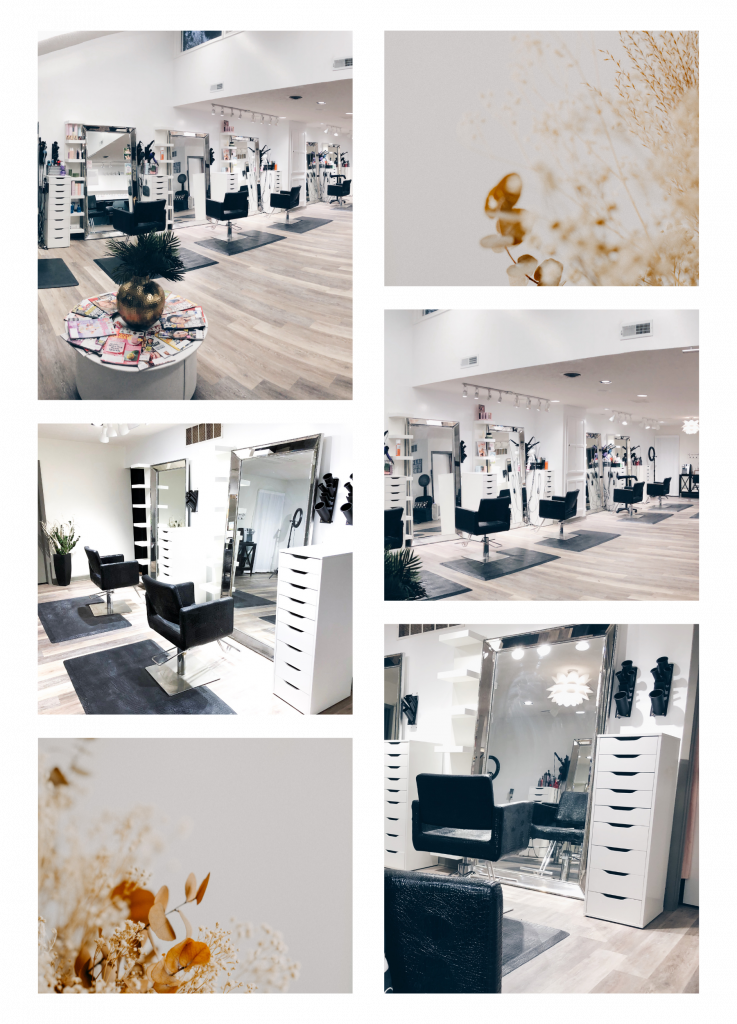 an image grid of hair salon stations and floral images