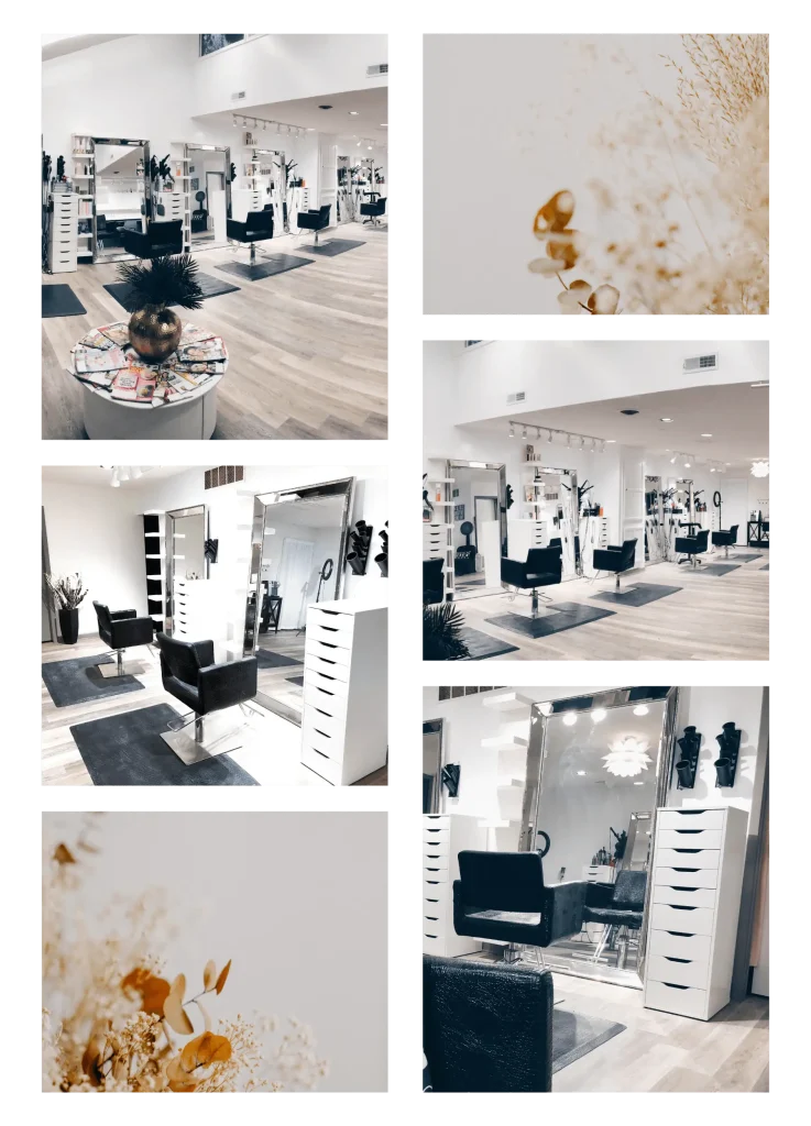 A collage of images of the interior of Vain Salon and floral images